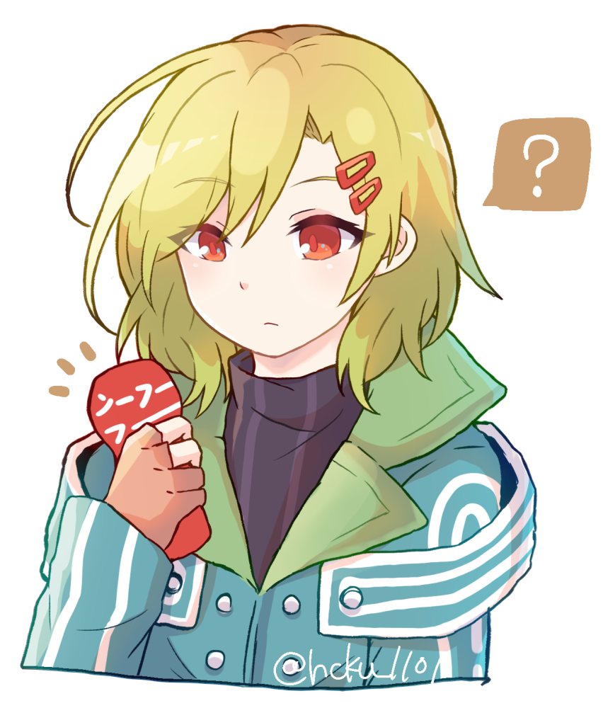 1other, antenna_hair, aqua_coat, blonde_hair, coat, fingerless_gloves, gloves, gnosia, hair_between_eyes, hair_ornament, hairclip, kurona_(nakoruch), long_hair, looking_at_viewer, other_focus, red_eyes, setsu_(gnosia), short_hair, simple_background, solo, translation_request, turtleneck