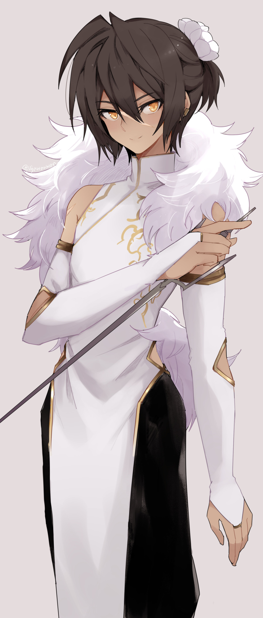 1boy, absurdres, arm_at_side, baggy_pants, black_hair, bridal_gauntlets, chinese_clothes, dark-skinned_male