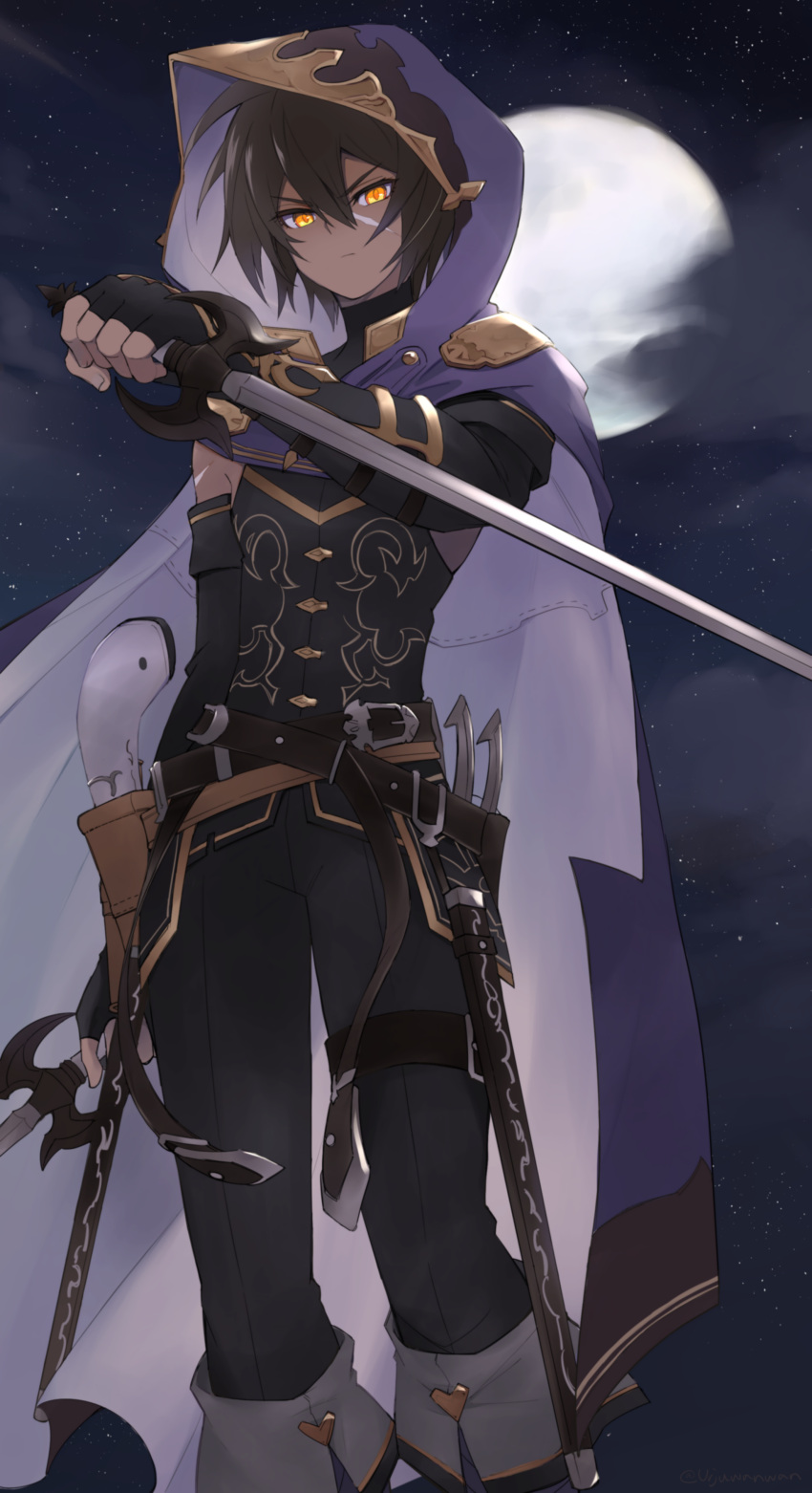 1boy, absurdres, black_gloves, black_hair, cloak, dark-skinned_male, dark_skin, dual_wielding