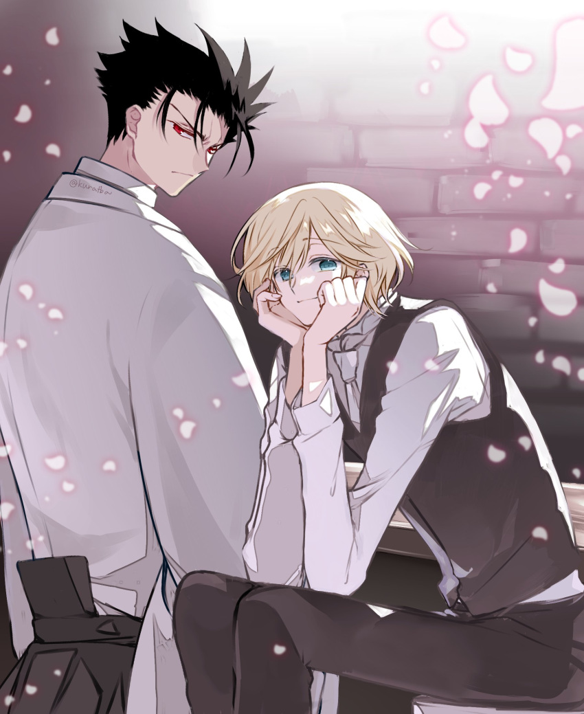 2boys, black_hair, black_pants, black_vest, blonde_hair, blue_eyes, brick_wall, commentary_request