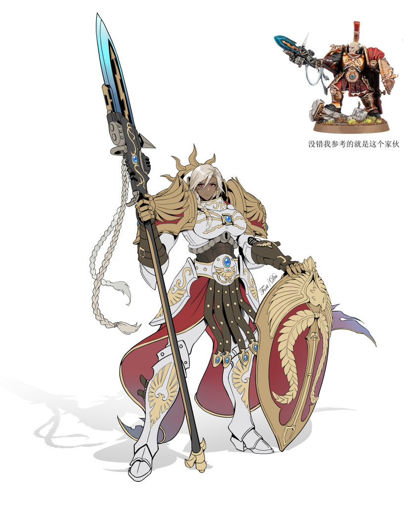 1girl, absurdres, adeptus_custodes, armor, armored_boots, blonde_hair, boobplate, boots