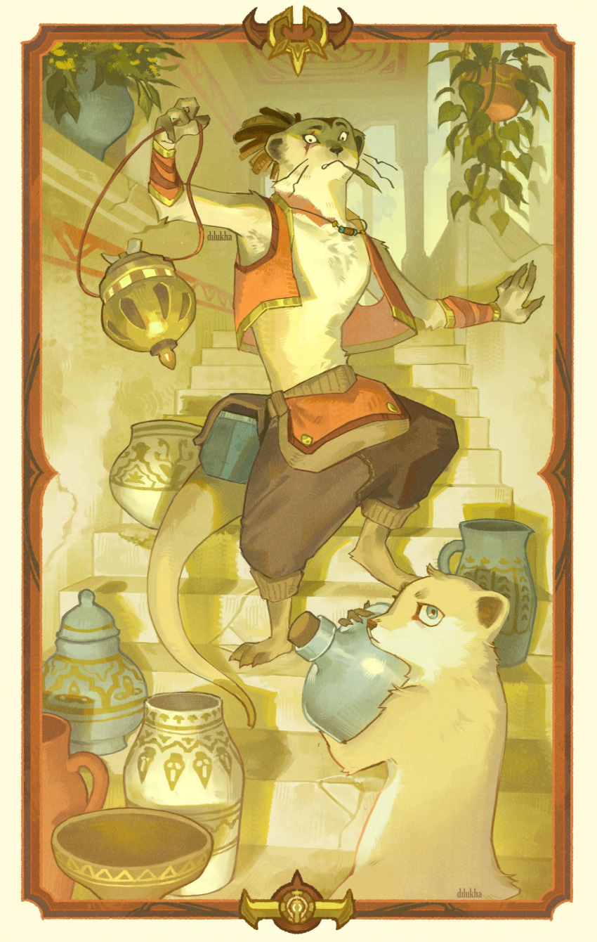 2boys, afk_journey, artist_name, bottle, claws, dilukha_(nyaalgebra), english_commentary, furry