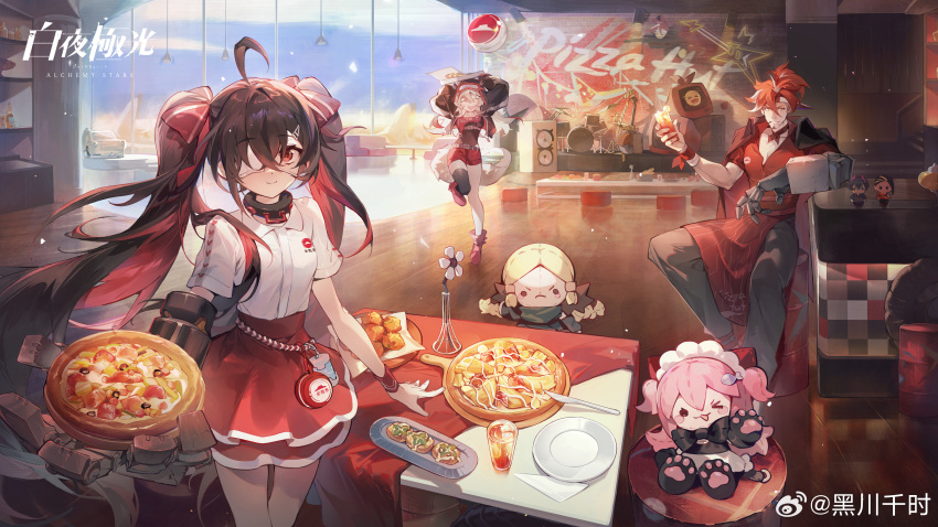 1boy, 3girls, ^_^, absurdres, ahoge, alchemy_stars, animal_collar, apron