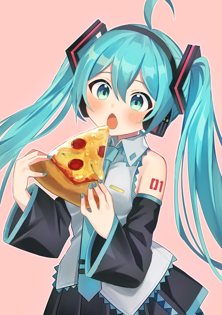 1girl, absurdres, ahoge, aqua_eyes, aqua_hair, aqua_nails, aqua_necktie, bare_shoulders