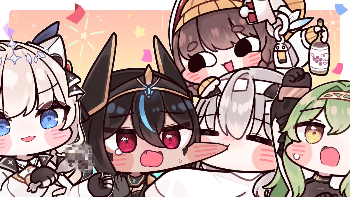 4girls, alcohol, black_eyes, black_hair, blonde_hair, blue_eyes, brown_hair, chibi