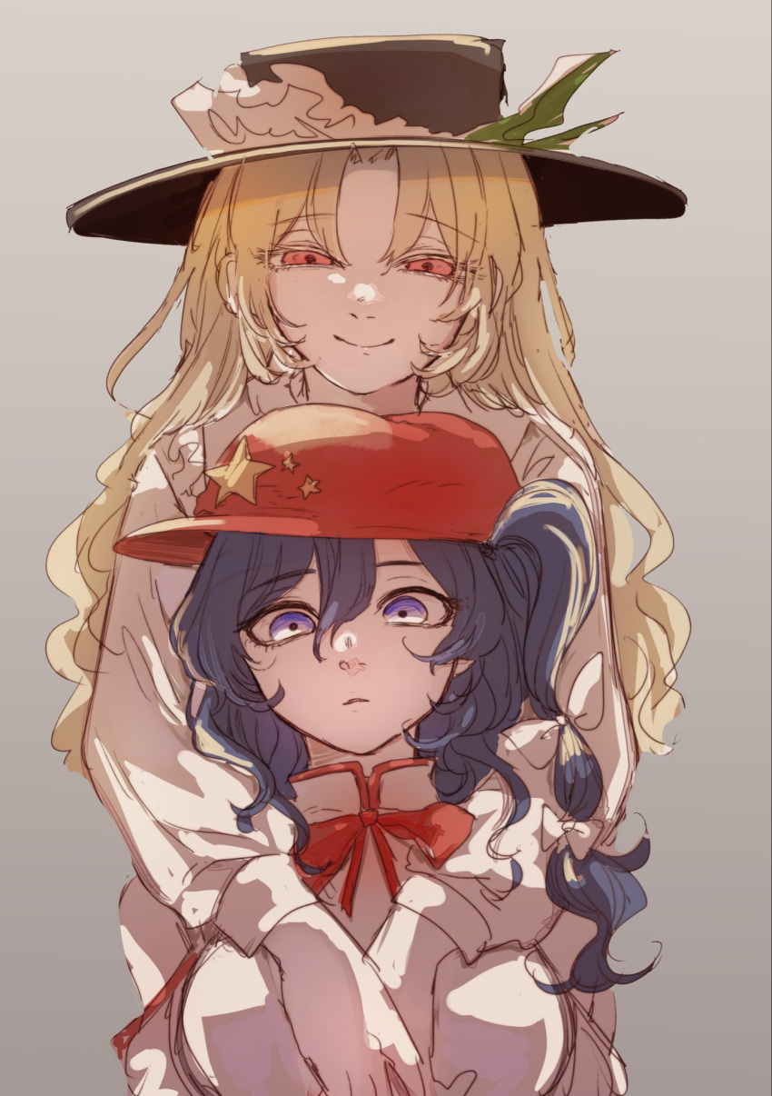 2girls, bare_shoulders, blonde_hair, bow, bowtie, breasts, brown_hat, cabbie_hat