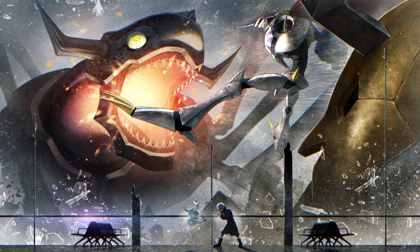 1boy, amputee, armagemon, broken_glass, cape, chair, digimon, digimon_(creature)