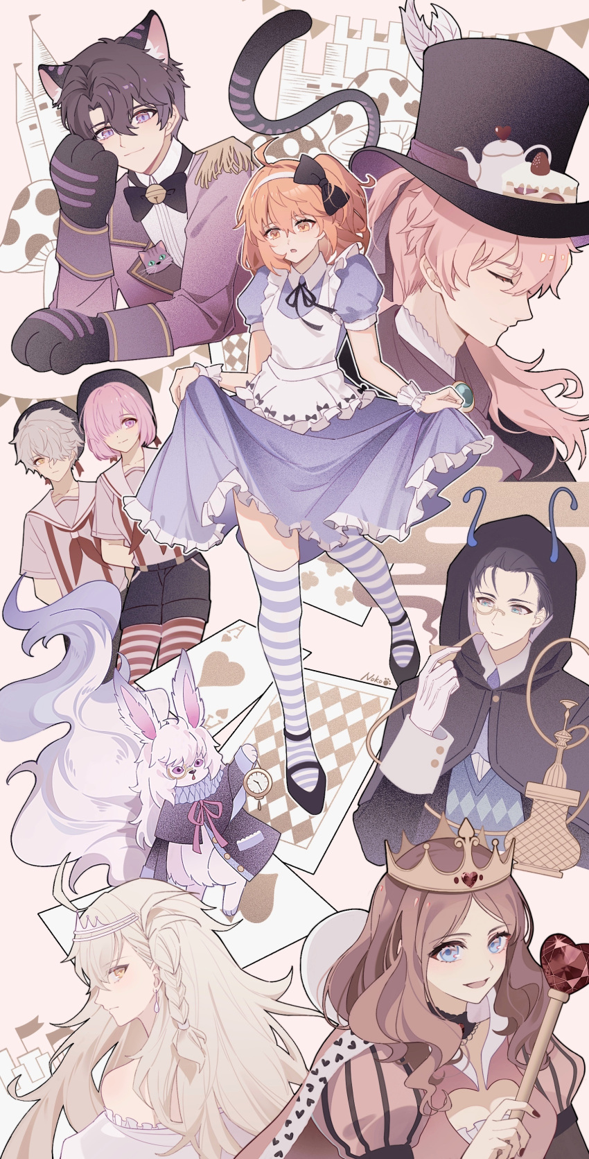 4boys, 4girls, :o, absurdres, ahoge, alice_(alice_in_wonderland), alice_(alice_in_wonderland)_(cosplay), alice_in_wonderland