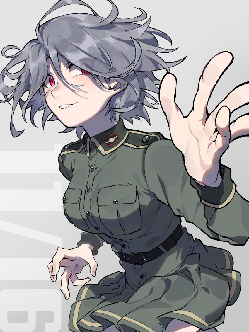 1girl, absurdres, belt, black_belt, blush, breasts, claw_pose, collared_dress, cowboy_shot, dress, green_dress, grey_hair, hair_between_eyes, highres, isabella_(love_live!), large_breasts, looking_to_the_side, love_live!, love_live!_school_idol_festival, medium_hair, military_uniform, open_hand, perspective, pink_eyes, pleated_dress, shoulder_boards, smile, solo, tori_(game28), uniform