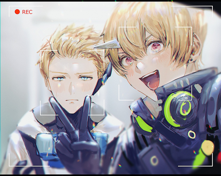 2boys, black_bodysuit, black_jacket, blonde_hair, bodysuit, character_request, grey_hoodie, grey_horns