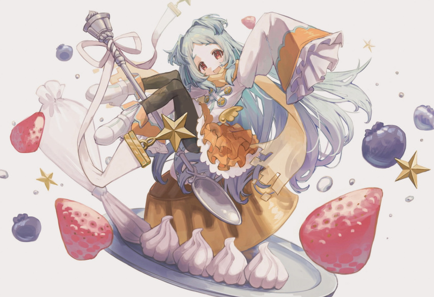 1girl, blue_hair, food, fruit, highres, loli, long_hair, long_sleeves