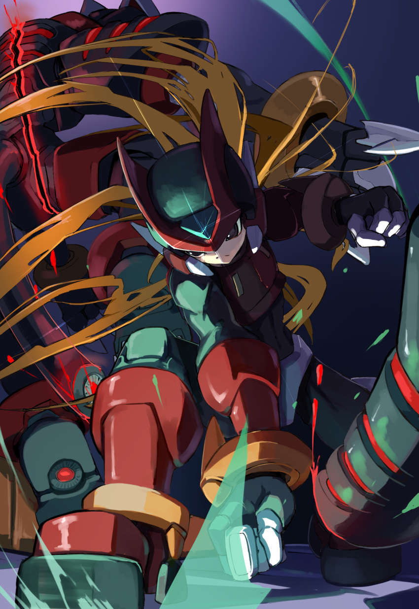 1boy, armor, attack, battle, black_eyes, clenched_hand, energy_sword, forehead_jewel, highres, holding, holding_sword, holding_weapon, hyleg_ourobockle_(mega_man), mega_man_(series), mega_man_zero_(series), mega_man_zero_2, non-humanoid_robot, omochi_(mochi_skymega), red_armor, red_helmet, robot, robot_animal, sword, weapon, z_saber, zero(z)_(mega_man), zero_(mega_man)