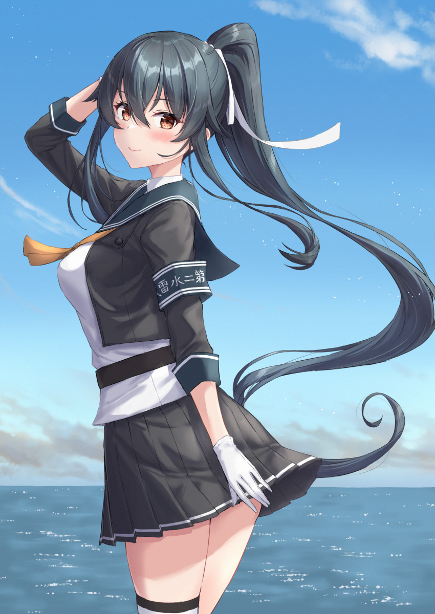 1girl, arm_behind_head, arm_up, armband, black_hair, black_jacket, black_sailor_collar, black_skirt