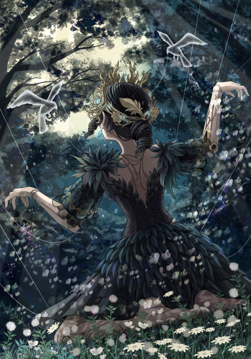 1girl, barefoot, bird, black_hair, black_skirt, day, doll_joints, earrings