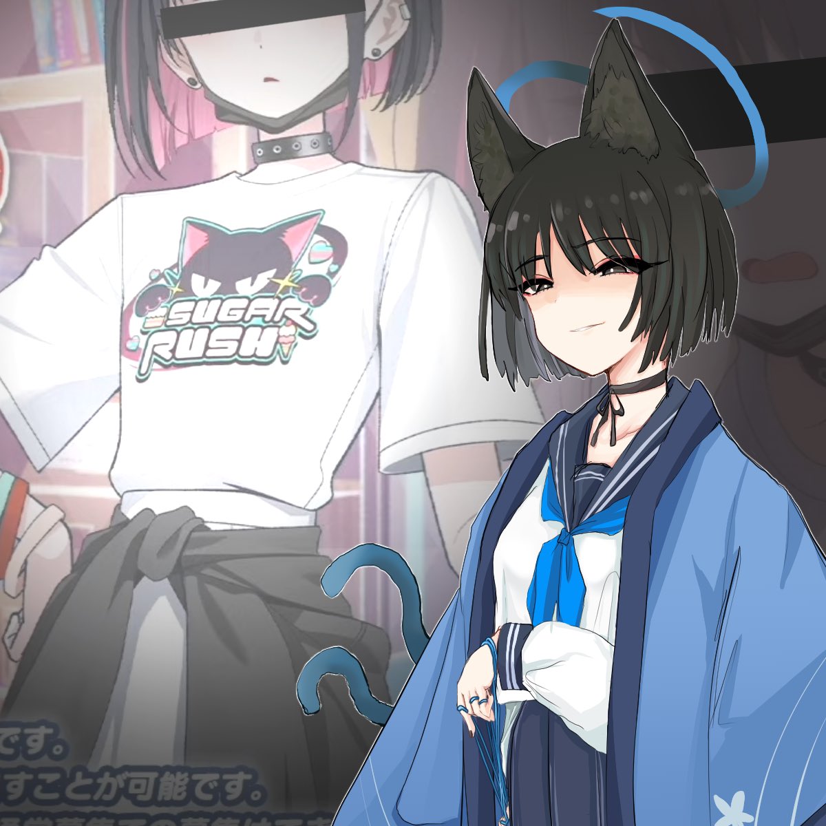 2girls, animal_ears, bakeneko, bar_censor, black_choker, black_eyes, black_hair, black_mask