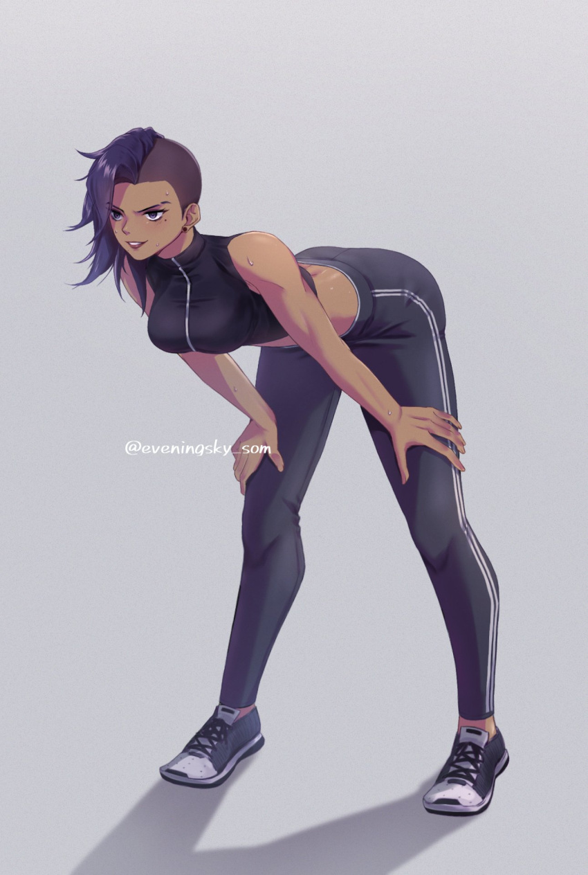 alternate_costume, asymmetrical_hair, bare_shoulders, black_footwear, black_pants, black_sports_bra, blush, casual, contemporary, dark-skinned_female, dark_skin, earrings, eveningsky_som, eyebrow_cut, full_body, grey_background, hands_on_own_knees, highres, jewelry, leaning_forward, looking_ahead, mole, mole_under_eye, overwatch, pants, parted_lips, purple_hair, purple_lips, shadow, shoes, simple_background, sneakers, sombra_(overwatch), sports_bra, standing, stud_earrings, sweat, sweatpants, teeth, toned_female, twitter_username, underwear