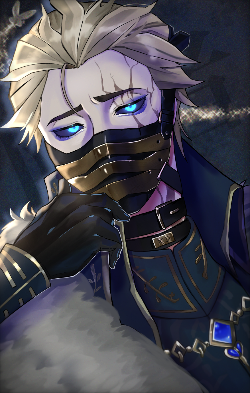 1boy, alva_lorenz, alva_lorenz_(warden), belt_collar, black_gloves, black_sclera, blonde_hair, blue_eyes