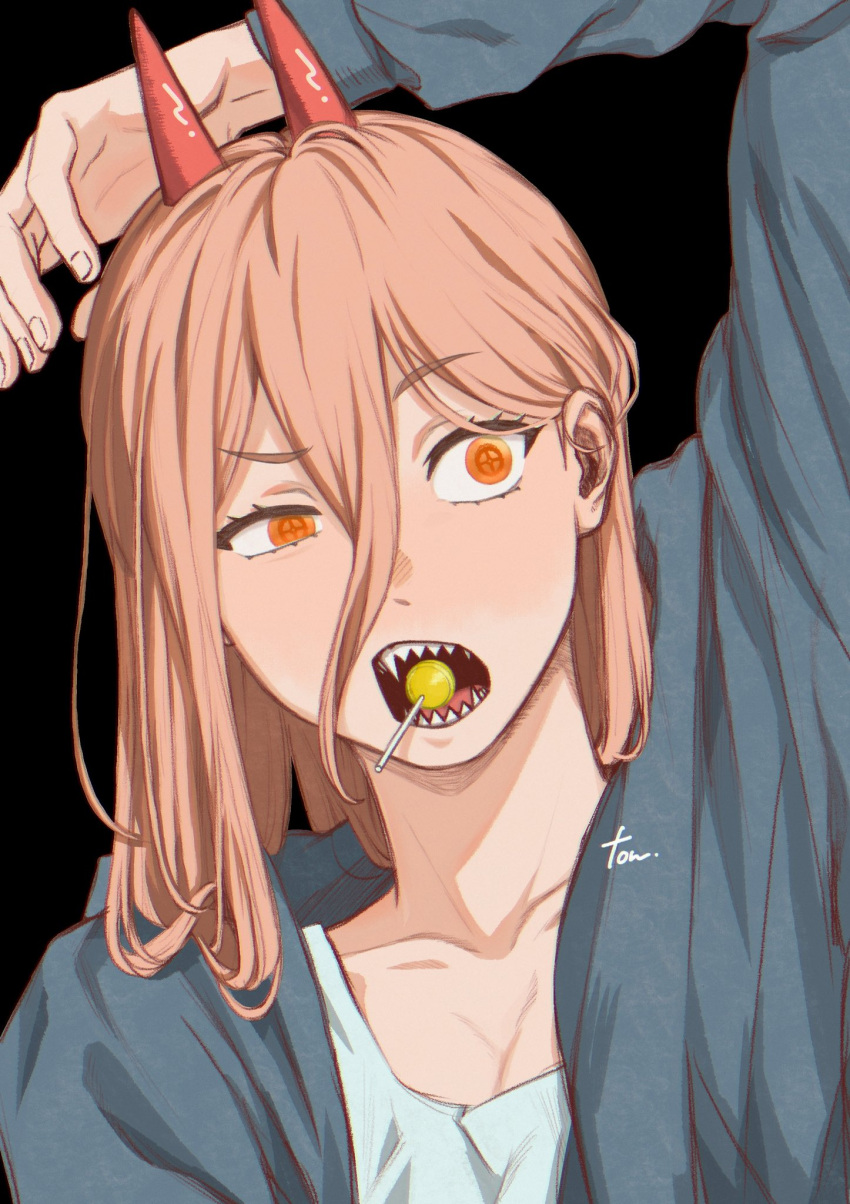 1girl, chainsaw_man, collarbone, cross-shaped_pupils, hair_between_eyes, highres, horns, long_hair