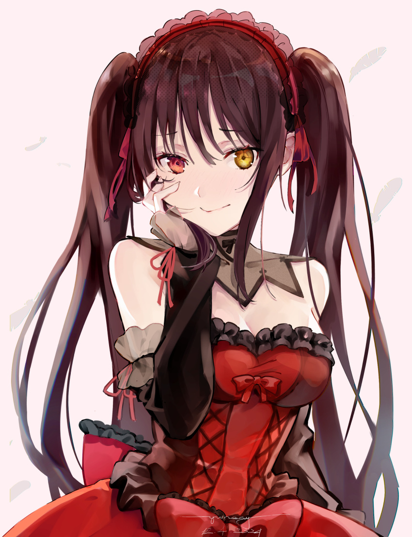 1girl, absurdres, bare_shoulders, black_hair, black_sleeves, breasts, clock_eyes, closed_mouth