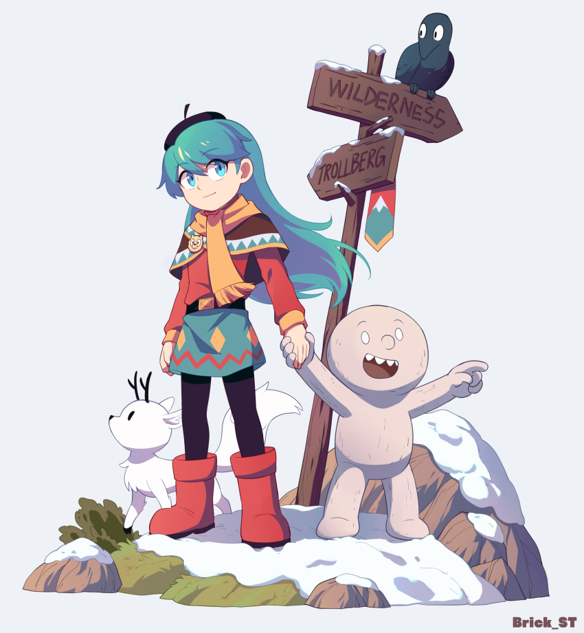 1girl, absurdres, alternate_costume, baba_(hilda), badge, belt, beret, bird