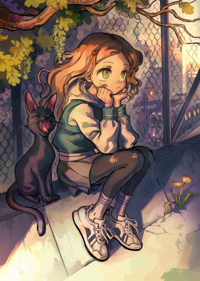 1girl, absurdres, black_cat, black_pantyhose, branch, brown_hair, cat, chain-link_fence