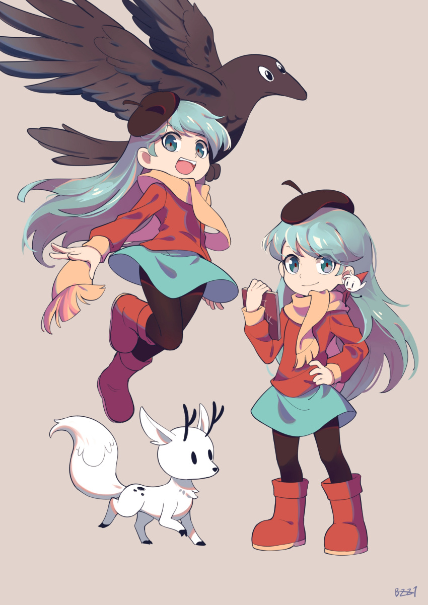 1girl, absurdres, alfur_(hilda), beret, bird, blue_eyes, blue_hair, book