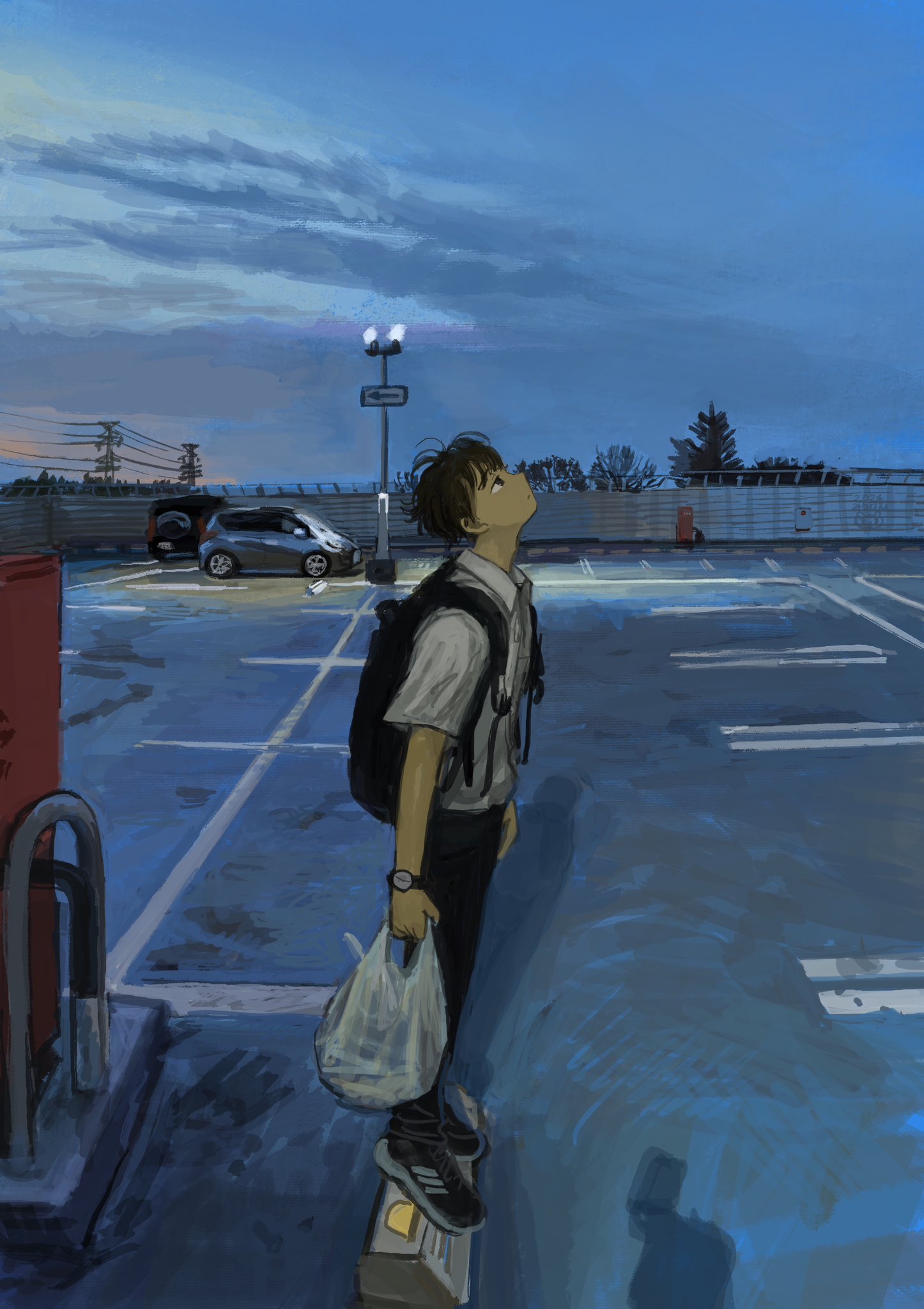 1boy, backpack, bag, black_bag, black_footwear, black_hair, black_pants, car