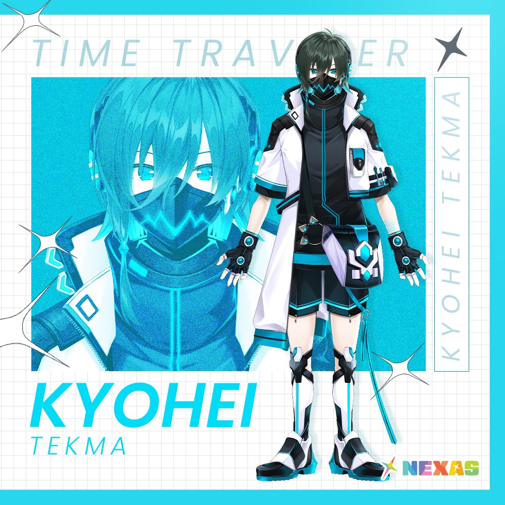 1boy, antenna_hair, asymmetrical_jacket, bag, black_gloves, black_shirt, black_shorts, blue_eyes, commentary, english_commentary, english_text, fingerless_gloves, full_body, gloves, green_hair, grid, hair_between_eyes, headphones, jacket, kanna_(chaos966), kyohei_tekma, logo, mask, mouth_mask, nexas_(vtuber_agency), official_art, pen, shirt, shorts, standing, virtual_youtuber, white_footwear, white_jacket