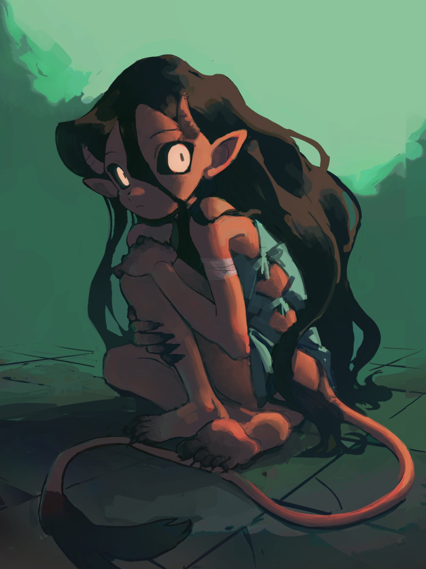 1girl, bandaged_arm, bandages, bare_shoulders, barefoot, black_hair, black_sclera, colored_sclera
