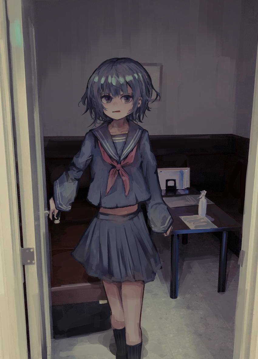 1girl, absurdres, bed, black_hair, black_sailor_collar, black_serafuku, black_shirt, black_socks
