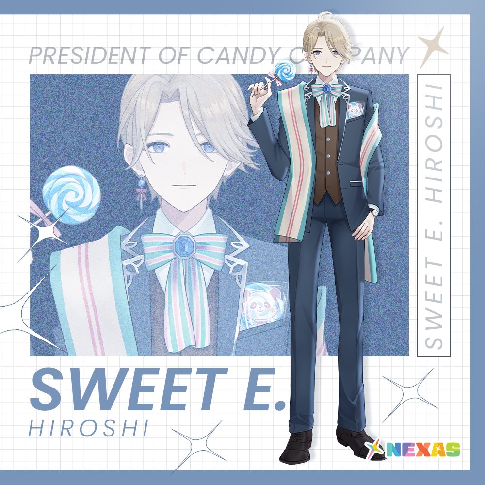 1boy, ahoge, black_footwear, blonde_hair, blue_brooch, blue_eyes, blue_jacket, blue_pants, bow, brown_vest, candy, character_name, closed_mouth, collared_shirt, commentary, dress_shoes, earrings, english_commentary, english_text, food, full_body, grid, holding, holding_candy, holding_food, holding_lollipop, jacket, jewelry, logo, lollipop, male_focus, nasioisi_i, nexas_(vtuber_agency), official_art, pants, scarf, shirt, single_earring, striped_bow, striped_clothes, striped_scarf, sweet_e._hiroshi, vest, virtual_youtuber, white_shirt