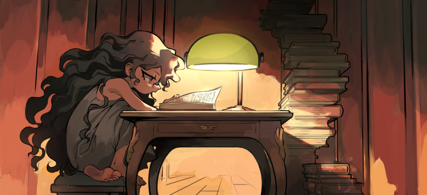 1girl, absurdres, bare_shoulders, barefoot, black_hair, book, book_stack, desk