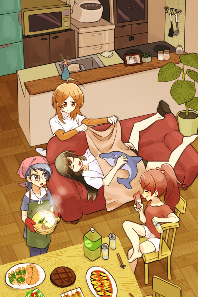 4girls, blanket, cellphone, chopsticks, couch, cover, cover_page, covering_with_blanket