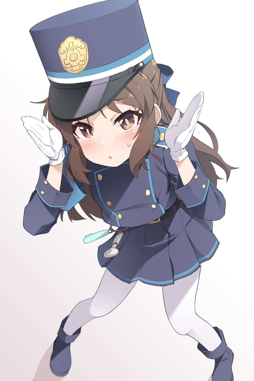 1girl, :o, arms_up, belt, black_belt, blue_archive, blue_bow, blue_footwear, blue_hairband, blue_hat, blue_jacket, blue_skirt, blush, boots, bow, brown_eyes, brown_hair, buttons, charm_(object), commentary_request, cosplay, crime_prevention_buzzer, dot_nose, gloves, gradient_background, hair_bow, hairband, hat, highres, hikari_(blue_archive), hikari_(blue_archive)_(cosplay), idolmaster, idolmaster_cinderella_girls, idolmaster_cinderella_girls_u149, jacket, kanji_connection, long_hair, long_sleeves, looking_at_viewer, miniskirt, name_connection, nekono_matatabi, pantyhose, parted_lips, peaked_cap, pleated_skirt, shako_cap, skirt, small_sweatdrop, solo, standing, tachibana_arisu, train_conductor, whistle, white_background, white_gloves, white_pantyhose