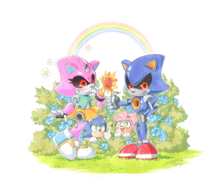 2boys, 2girls, amy_rose, animal_ears, black_sclera, blue_flower, blue_fur, blue_skin