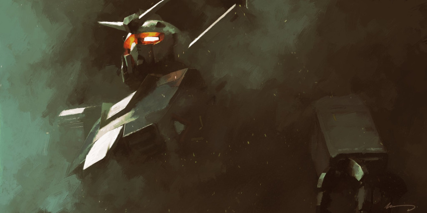 commentary, english_commentary, glowing, glowing_eyes, gundam, highres, light_particles, mecha, mecha_focus, mobile_suit, mobile_suit_gundam, no_humans, nouichi_(noui_nono), portrait, robot, rx-78-2, science_fiction, signature, smoke, solo, v-fin, yellow_eyes