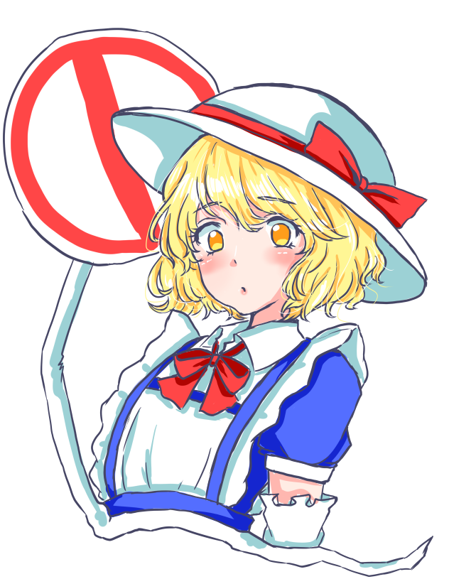 1girl, apron, blonde_hair, blue_dress, blush, bow, bowtie, breasts, collared_dress, commentary_request, cropped_torso, dress, elbow_gloves, gloves, hakase_(chitama_shinryaku), hat, hat_bow, kana_anaberal, no_parking_sign, puffy_short_sleeves, puffy_sleeves, red_bow, red_bowtie, short_hair, short_sleeves, small_breasts, solo, sun_hat, suspenders, touhou, touhou_(pc-98), upper_body, white_apron, white_gloves, white_hat, yellow_eyes