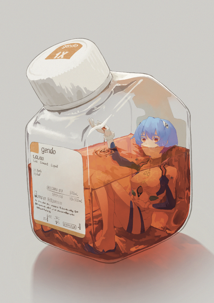 1girl, ayanami_rei, blue_hair, bottle, breasts, character_name, commentary, donutfrog