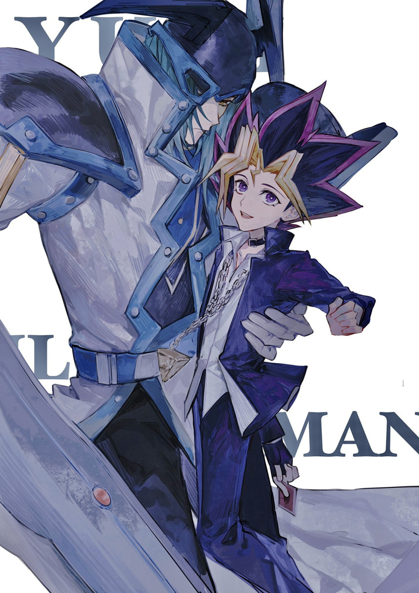 2boys, arm_up, armor, bad_id, bad_lofter_id, belt, black_hair, black_helmet