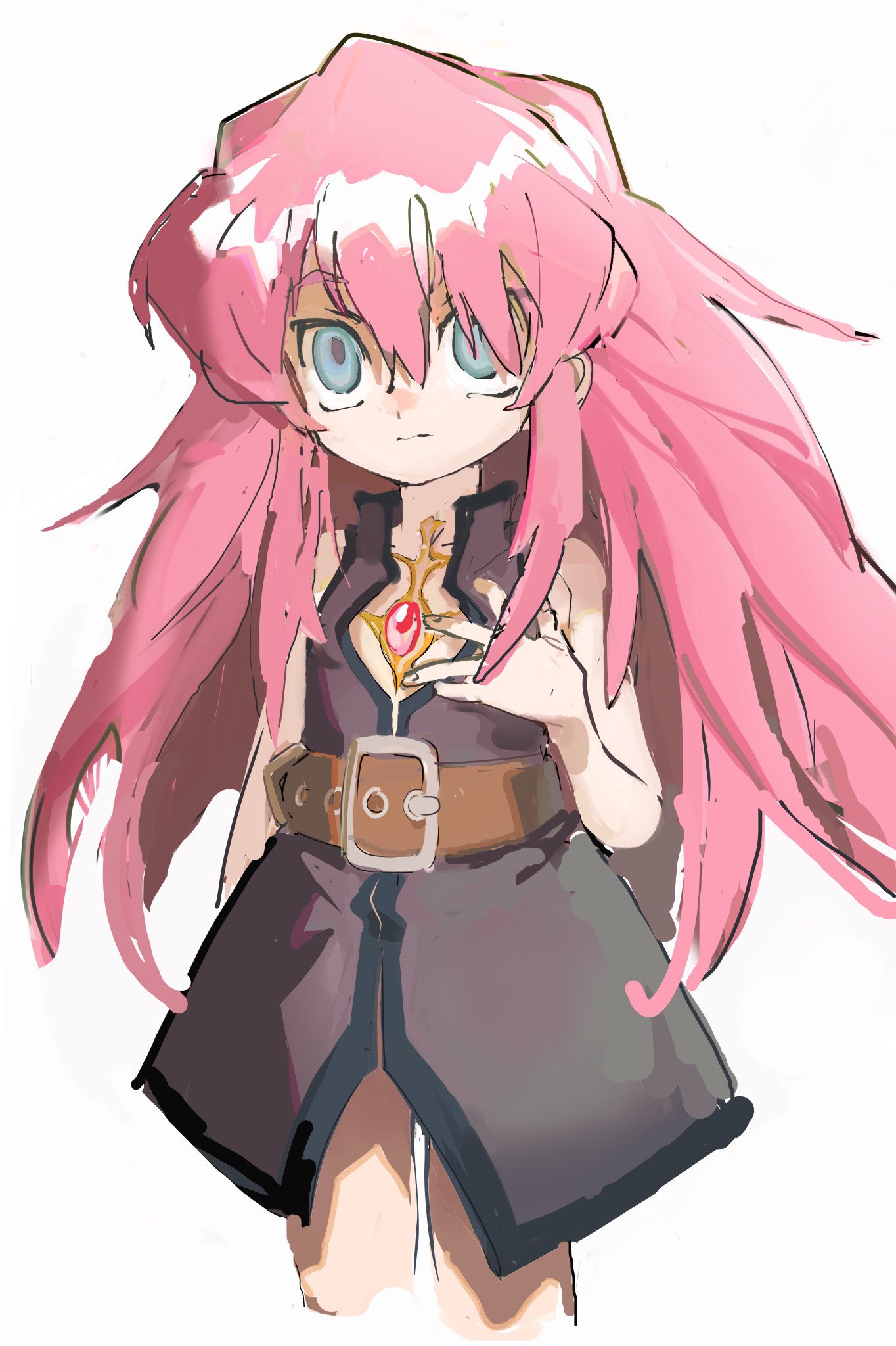 belt, blue_eyes, brown_belt, hair_over_one_eye, highres, long_hair, looking_up, pink_hair