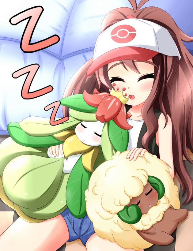 brown_hair, checkered, closed_eyes, denim, denim_shorts, hat, lilligant, long_hair, open_mouth, pokemon, pokemon_(game), pokemon_black_and_white, pokemon_bw, ponytail, short_shorts, shorts, sleeping, touko_(pokemon), vest, whimsicott, youjo_no_mikata, z