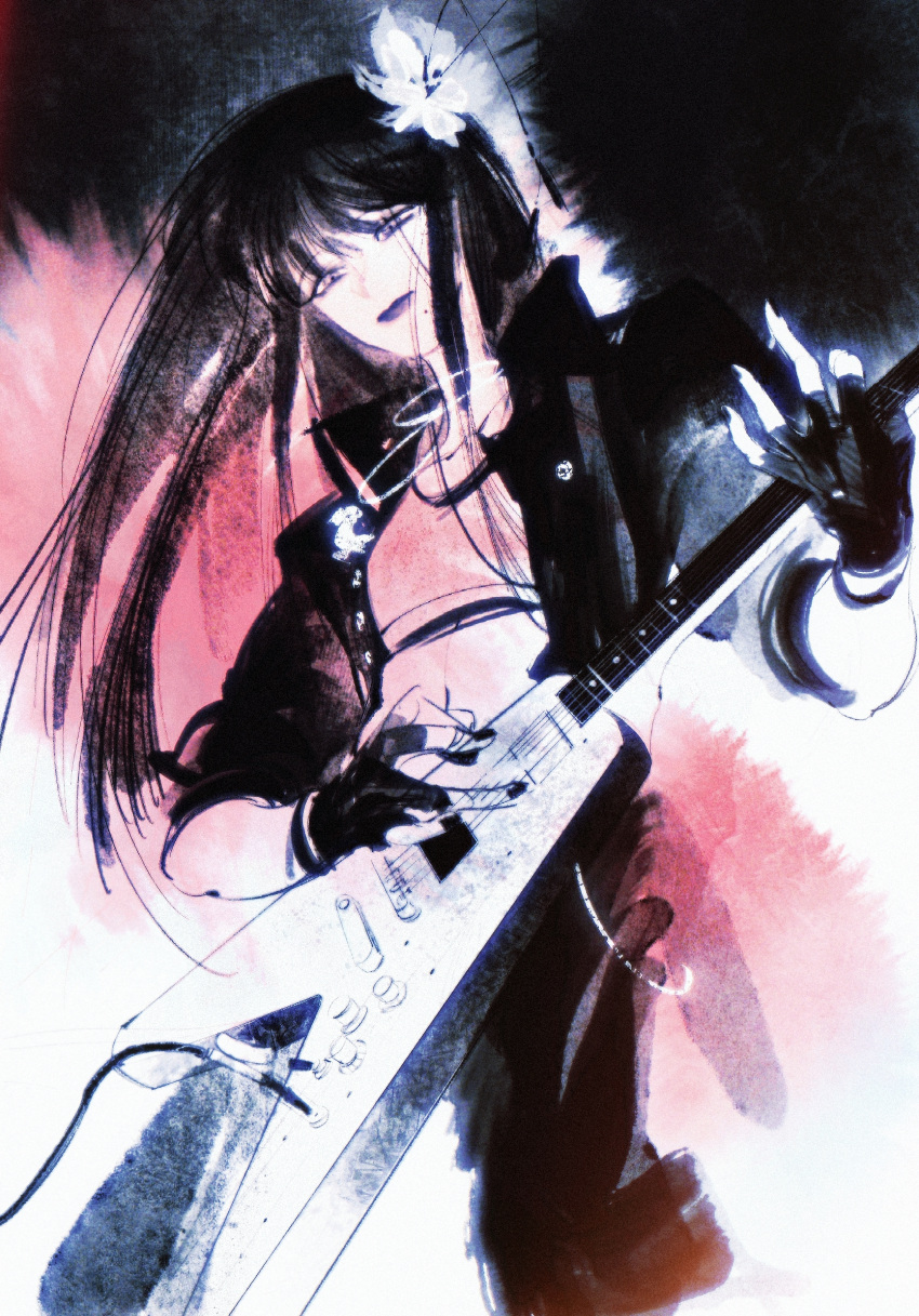 1girl, alternate_costume, black_gloves, black_hair, black_jacket, black_nails, black_pants, chinese_commentary