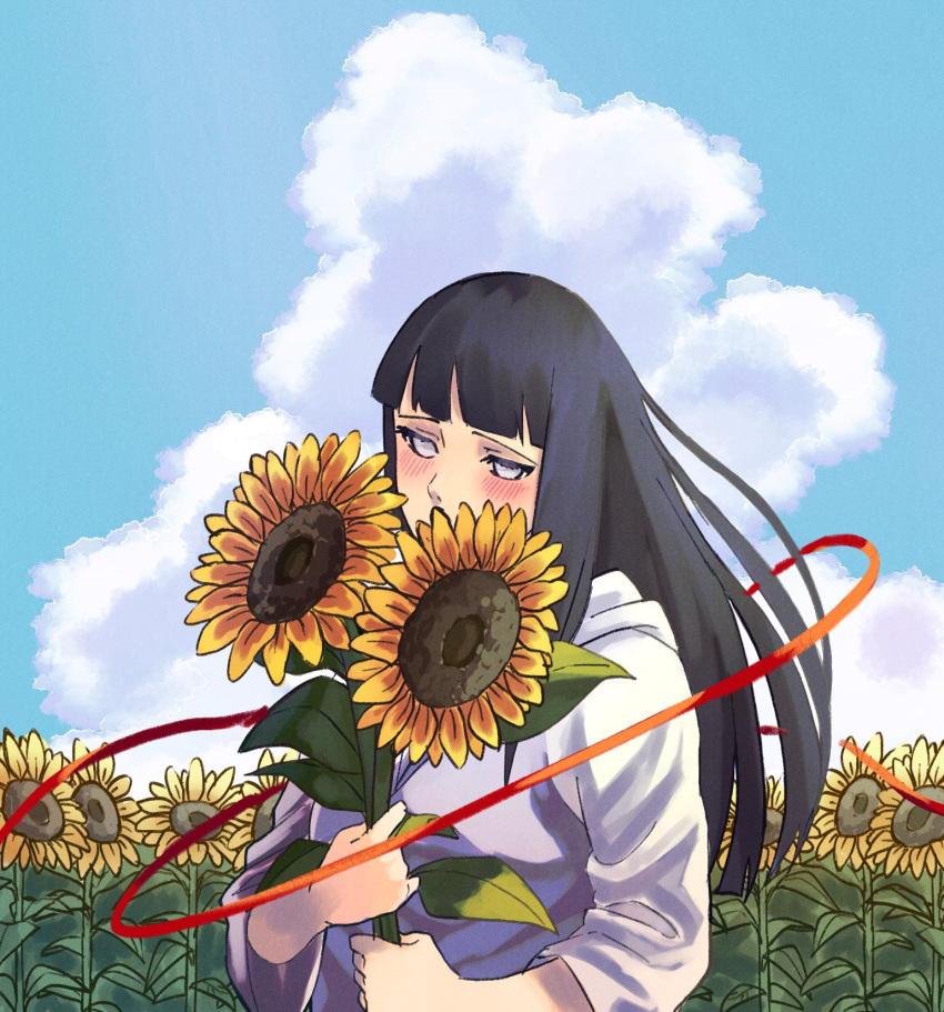 1girl, black_hair, blue_sky, blunt_bangs, blush, clouds, commentary_request, day