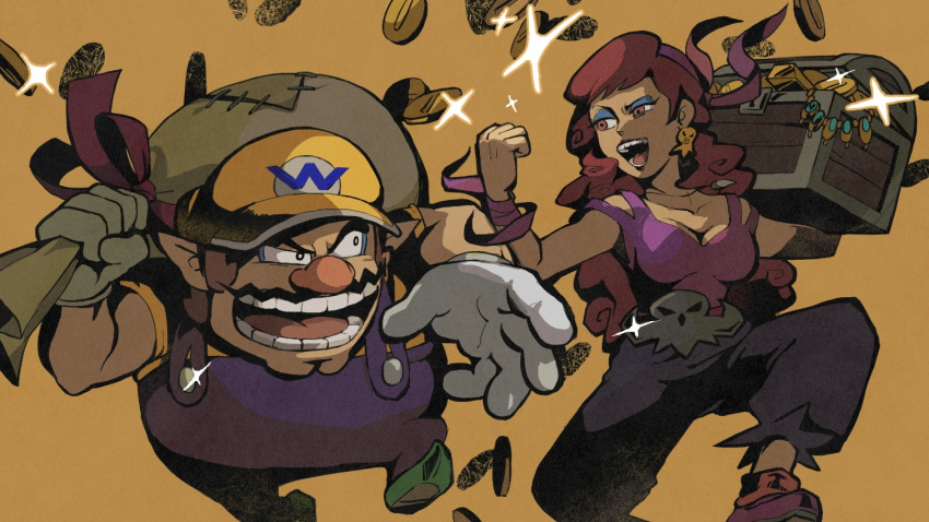 1boy, 1girl, bandana, big_nose, blue_eyeshadow, brown_hair, captain_syrup, cleft_chin
