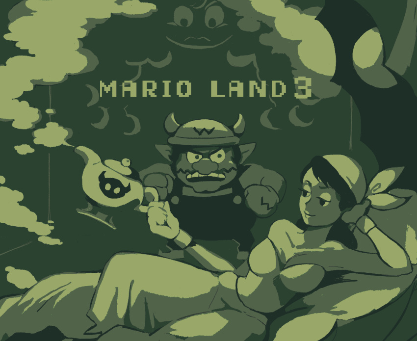 1girl, 2boys, bandana, big_nose, captain_syrup, facial_hair, fake_horns, genie_(wario_land), gloves, helmet, horned_helmet, horns, long_hair, lying, monochrome, multiple_boys, mustache, oil_lamp, on_side, overalls, pointy_ears, rinabee_(rinabele0120), smile, smoke, wario, wario_land, wario_land:_super_mario_land_3