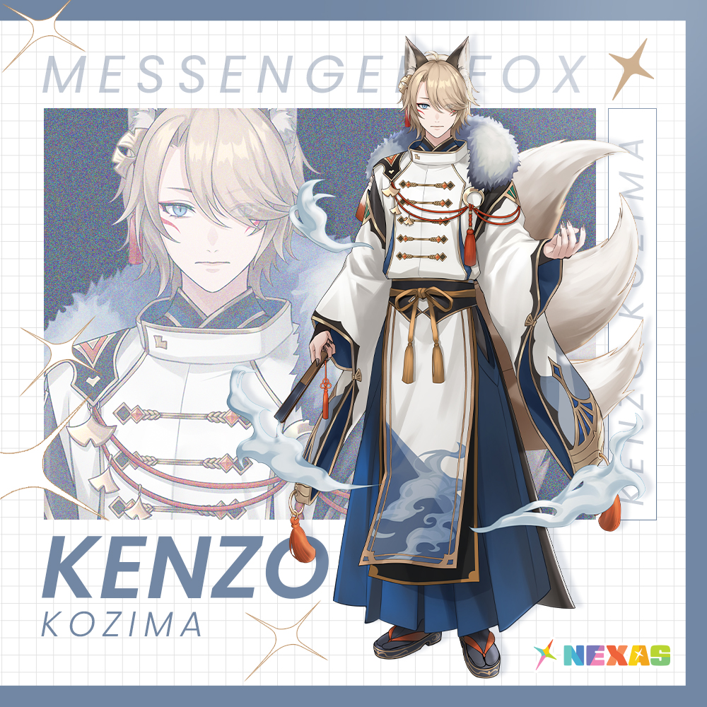 1boy, :|, animal_ear_fluff, animal_ears, blonde_hair, blue_eyes, blue_skirt, character_name, closed_mouth, clouds, commentary, english_commentary, english_text, fox_boy, fox_ears, fox_tail, full_body, grid, hair_over_one_eye, kenzo_kozima, logo, long_skirt, male_focus, medium_hair, meg_mumu, nexas_(vtuber_agency), obi, official_art, pleated_skirt, sandals, sash, skirt, standing, tabi, tail, tassel, virtual_youtuber, wide_sleeves, zouri