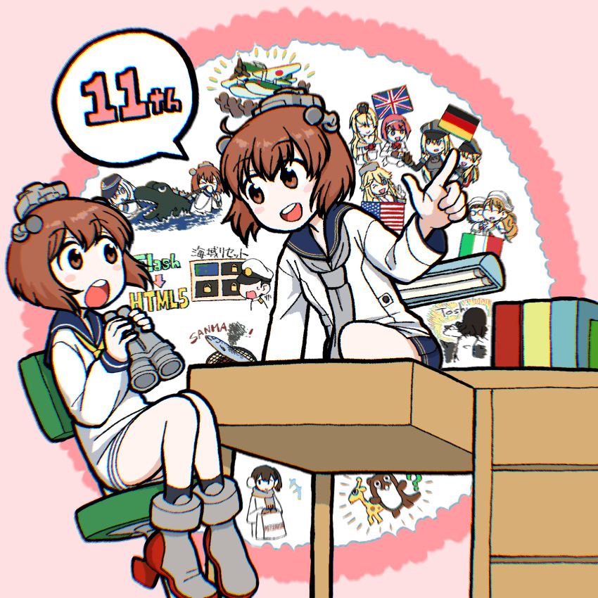 1boy, 6+girls, admiral_(kancolle), anniversary, ark_royal_(kancolle), binoculars, bismarck_(kancolle), bokukawauso
