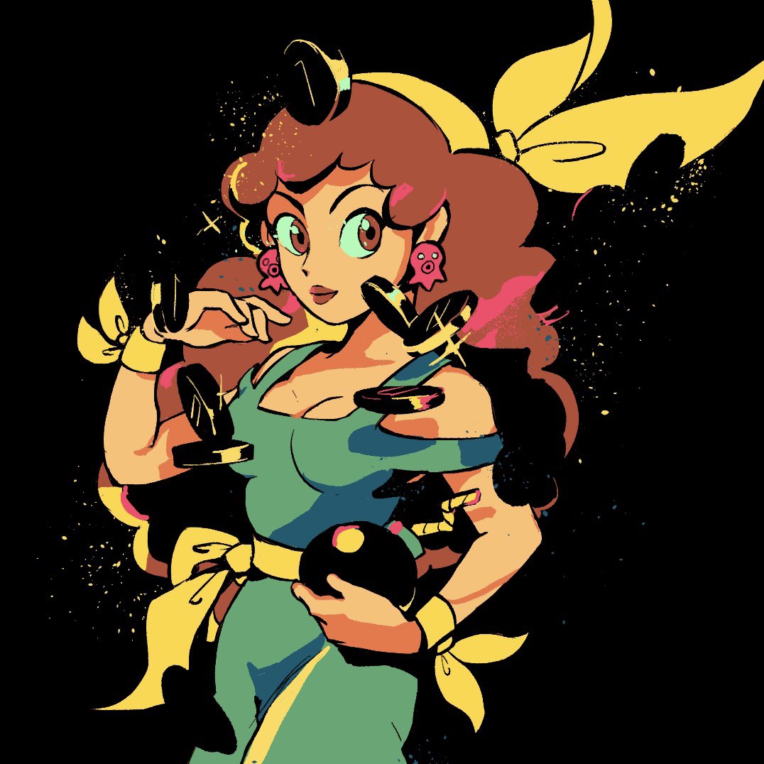 1girl, bandana, black_background, bomb, brown_eyes, brown_hair, captain_syrup, coin