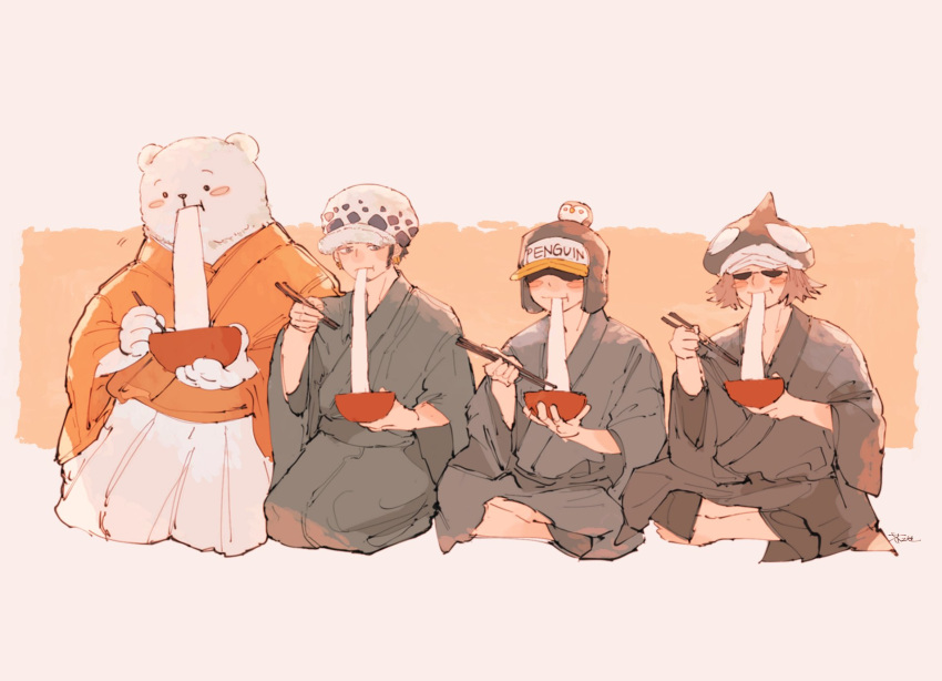 4boys, akuta_ji, bear, bepo, black_kimono, blush_stickers, bowl, chopsticks, commentary_request, crossed_legs, earrings, eating, food, hakama, hat, highres, holding, holding_bowl, holding_chopsticks, japanese_clothes, jewelry, kimono, male_focus, mochi, multiple_boys, one_piece, orange_kimono, penguin_(one_piece), seiza, shachi_(one_piece), sideburns, sitting, sunglasses, trafalgar_law, white_hakama, zouni_soup