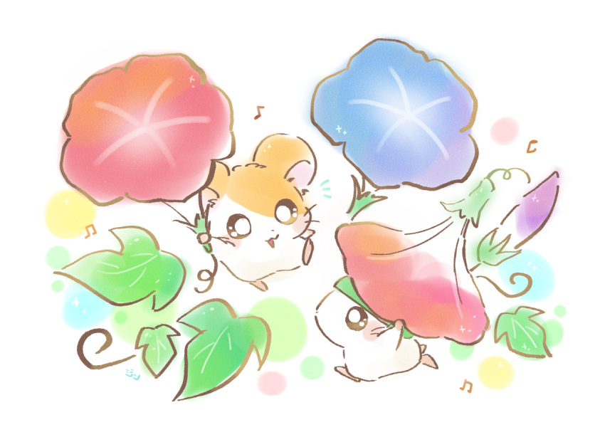 2boys, :3, animal_ears, blue_flower, commentary_request, flower, hamster, hamster_ears, hamtaro, hamtaro_(series), hat, holding, holding_flower, jin_(jin3jin3), kaburu_(hamtaro), leaf, looking_at_another, male_focus, multiple_boys, musical_note, no_humans, notice_lines, profile, red_flower, running, whiskers
